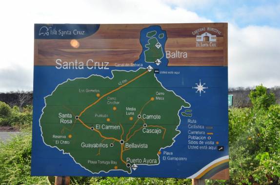 O mapa da Ilha de Santa Cruz, em Galápagos